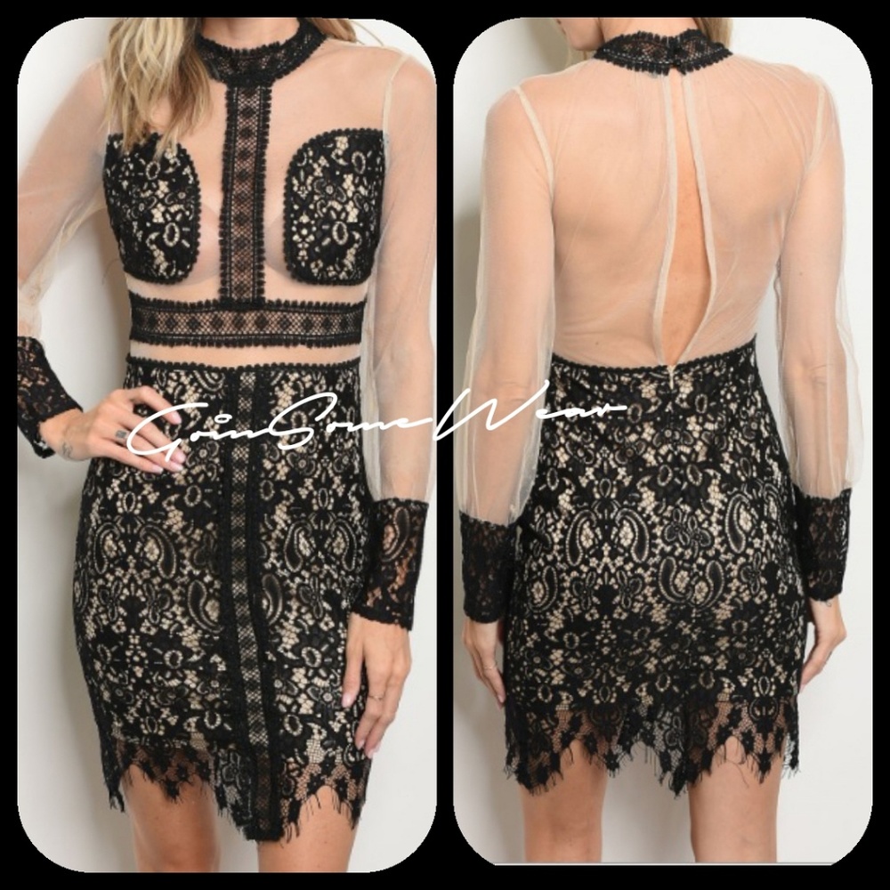 Sexy Black Lace Nude Long Sleeve Mesh Dress Size Medium